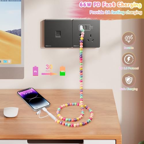 Image of Aolcev USB C Cable for iPhone Charging Cord 3.3FT 2 in 1 Multi Cute Beaded Phone Charger [MFi Certified] USB A to USB C Fast Charging Cable Type C Charger Cord for iPhone 17 16 15 Pro Max iPad Colored