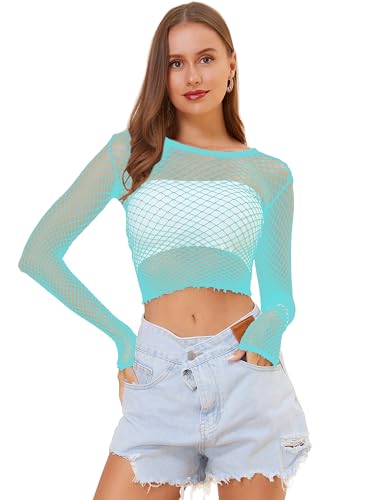 Lemon Girl Damen-T-Shirt, langärmelig, Babydoll, Netzstoff, Größe 36-46, hellblau, One size