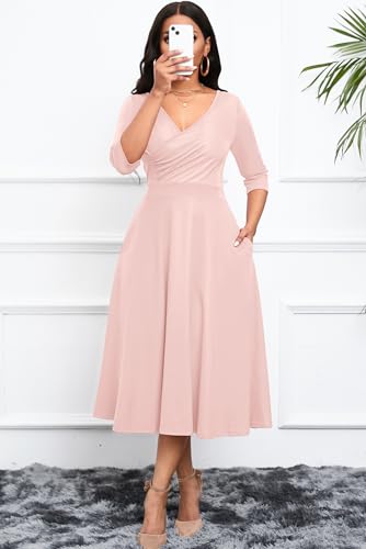 Nmoder Women's Casual Wrap Flared Midi Dress Wedding Guest Cocktail Tea Dresses A-Line Swing V-Neck 3/4 Sleeve2