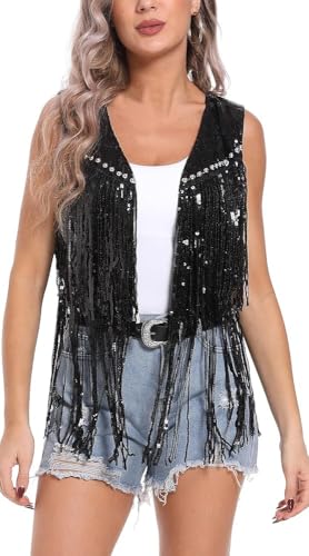 Chaleco de lentejuelas para festivales y fiestas de estilo hippie casual FEOYA