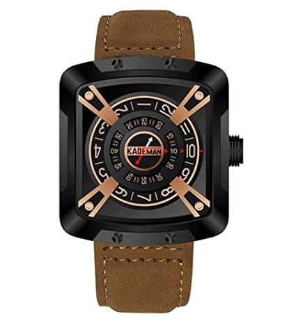 Kademan Brown Business Casual Waterproof Leather Strap Square Dial with Unique Display and Rotating Logo Watch for Men and Boys