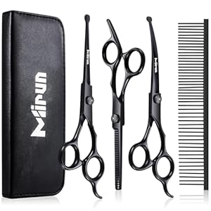 Dog Grooming Kit 5 in 1 Titanium plated Stainless Steel Dog Grooming Scissors Dog Scissors for Grooming with Safety Round Tip Dog Shears for Grooming Cats Sharp Durable Cat Grooming Kit