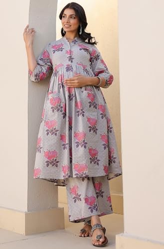 Image of Janasya Women's Pure Cotton Floral Printed A-line Maternity Kurta Pant Set