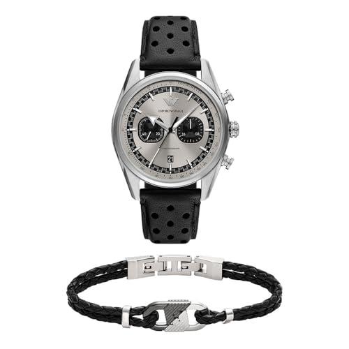 Emporio Armani Men's Black Leather Watch and Bracelet Two-Tone, Set