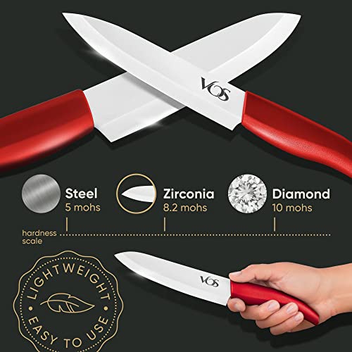 Vos Ceramic Knife Set, Ceramic Knives Set For Kitchen, Ceramic Kitchen Knives With Holder, Ceramic Paring Knife 3", 4", 5", 6" Inch Red #TOP2