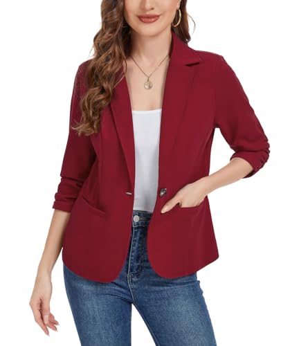 Women's Casual Work Office Blazer Open Front Business 3/4 Sleeve Button Blazer Lightweight Suit Jacket