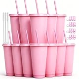 Alohastarttg 12 Pack Plastic Cups with lids and Straws Reusable 24 oz Tumbler Iced Coffee Cup Travel Mug Custom Cups for Party, Mean Girls Party Favors Bulk Gifts for Adults (12, Pink)