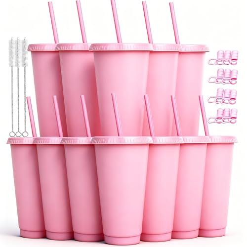 Alohastarttg 12 Pack Plastic Cups with lids and Straws Reusable 24 oz Tumbler Iced Coffee Cup Travel Mug Custom Cups for Party, Mean Girls Party Favors Bulk Gifts for Adults (12, Pink)