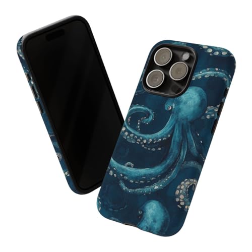 Coque iPhone 15 Pro tentacules de pieuvre bleue rigide mate