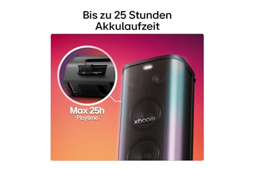 LG xboom Stage501 by will.i.am, tragbarer Bluetooth-Lautsprecher, DJ- und Karaokefunktion, LED-Beleuchtung, 4 Aufstellfunktionen, (220 W, Signature Sound, IPX4, bis zu 25 Std. Akkulaufzeit), Schwarz