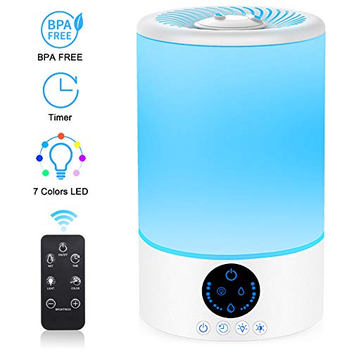 Cool Mist Humidifier, 3L Top Fill Ultrasonic Humidifier for Bedroom with 7 Colors Night Light and Remote Control, Adjustable Mist Levels, Optional Timer, 6 Dimmer, Super Quiet Operation (White)