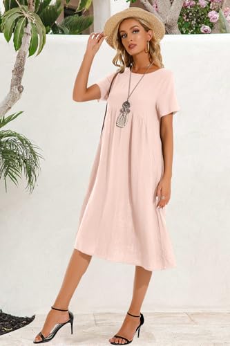 Sommerkleid Damen Leinen Kleider Casual V-Ausschnitt Midikleid Kurzarm A-Linie Kleid Strandkleid (E Rosa, M) 6