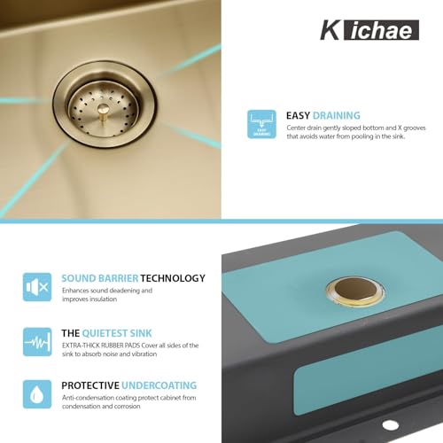 Image of 33 Gold Drop In Kitchen Sink - Kichae 33x22 Gold Brushed Stainless Steel Drop Sink 16 Gauge Ledge Workstation Single Bowl Topmount Overmount Handmade Basin with Cutting Board
