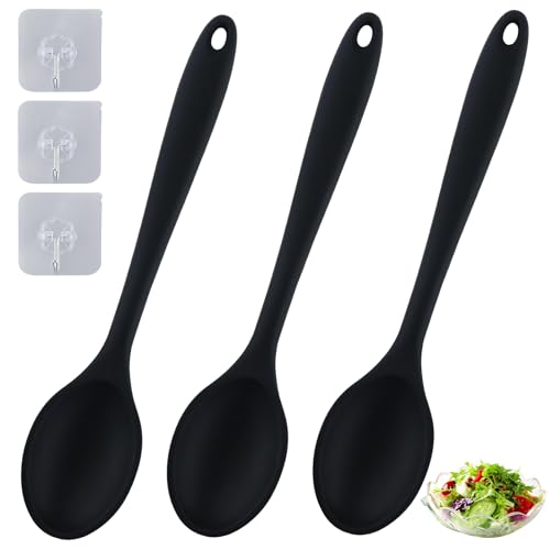 Lot de 3 cuillères en silicone antiadhésives avec 3 petit crochet, cuillère de cuisine à long manche, cuillère de service antiadhésive, cuillère pour remuer, pelleter et mélanger (Noir)
