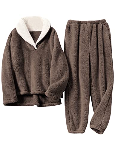 Hooever Women's Fluzzy Sherpa Fleece Pajamas Warm Pullover Lapel Sleepwear Sets(Brown-M)