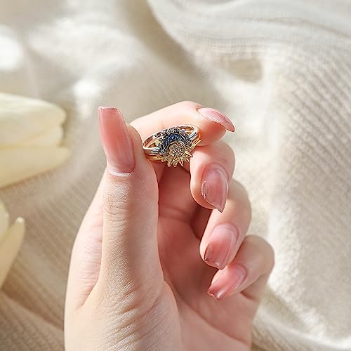 UNE DOUCE Celestial Sun and Moon Ring Set, Sparkling Sun Ring/Blue Moon Ring with 14k Gold/Silver Plating, Friendship Promise Ring, Stackable Celestial Rings, Gift for Women