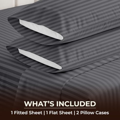 Image of SGI bedding RV Short Queen Sheet Set 60x75, 600 TC Egyptian Cotton, 4 Piece Luxury Hotel Collection, Ultra Soft & Breathable, Fits RV Mattress Camper & Trailer, 15 Inch Pocket, Dark Grey Stripe