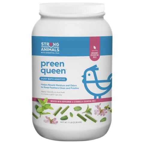 Preen Queen Dust Bath Additive for Chickens - Helps Remove Excess Oils & Keep Feathers Clean with Peppermint & Citronella Essential Oils (5 lb. Jar) Cover