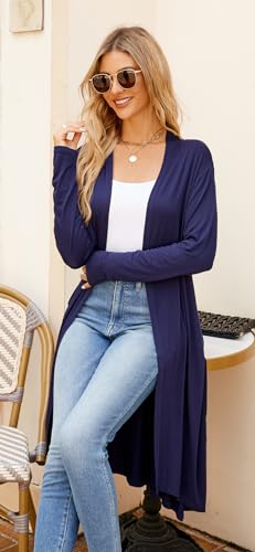Image of Newchoice Womens Long Cardigan Summer Casual Draped Open Front Lightweight Long Sleeve Cardigan Duster with Pockets