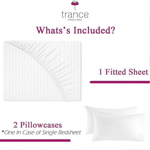 Image of Trance Home Linen Cotton 300Tc Satin Stripe King Fitted Bed Sheet With 2 Pillow Covers (78 X 72 Inch, White), 300 tc