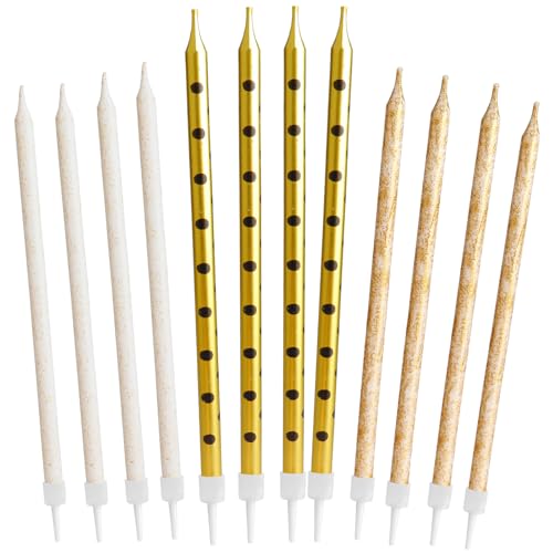 12-Count Gold Glitter Long Thin Birthday Candles, Metallic Long Stick Birthday Cake Candle Set, Cake Topper Decorations for Happy Birthday Party Wedding Anniversary Supplies