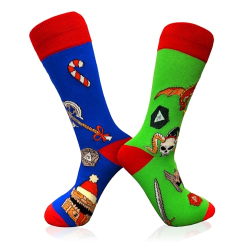 Fantasydice 2 Pairs Dungeons and Dragons Christmas Holiday Socks – Funny Novelty Crew Socks for Men & Women, Dragon Mimic Paladin Fantasy Gamer Socks, Holiday Gift Stocking Stuffer US 8-12 (EU 41-45)