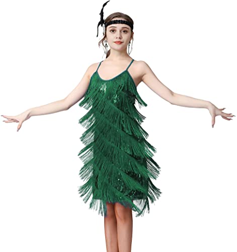 Image of Women 1920s Gatsby Flapper Dress Sexy Open Back Strap Fringed Cocktail Party Dress with 20s Accessories