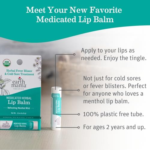 Earth Mama Medicated Herbal Lip Balm | Organic Lip Balm with Menthol for Fever Blister & Cold Sore | Refreshing Menthol Mint Lip Care, 0.15 oz (2-Pk)