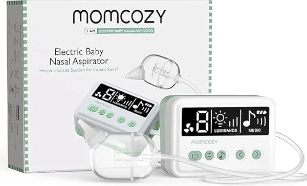 Momcozy Nasal Aspirator for Baby, 【Hospital-Grade】 70 KPa Strong Suction & 9 Suction Levels Nose Sucker, Electric Nose Cleaner for Toddler & Newborn, Soothe Light & Lullabies, BPA Free Silicone Tips