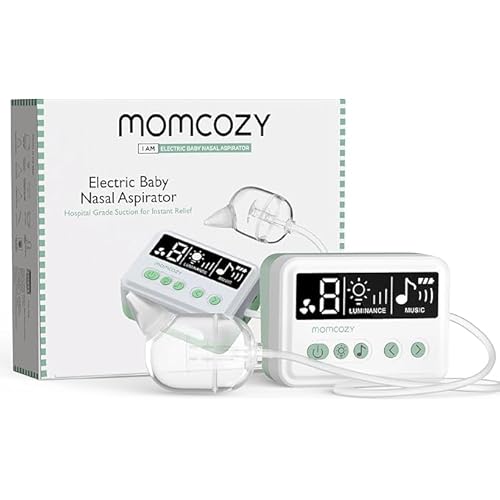 Momcozy Nasal Aspirator for Baby, 【Hospital-Grade】 70 KPa Strong Suction & 9 Suction Levels Nose Sucker, Electric Nose Cleaner for Toddler & Newborn, Soothe Light & Lullabies, BPA Free Silicone Tips