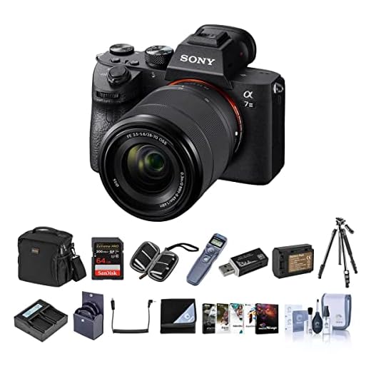 Sony Alpha a7 III 24MP UHD 4K Mirrorless Digital Camera with 28-70mm Lens - Bundle 64GB SDHC U3 Card, Camera Case, Spare Battery, Tripod, Dual Charger, Remote Shutter Release, Software Pack, and More