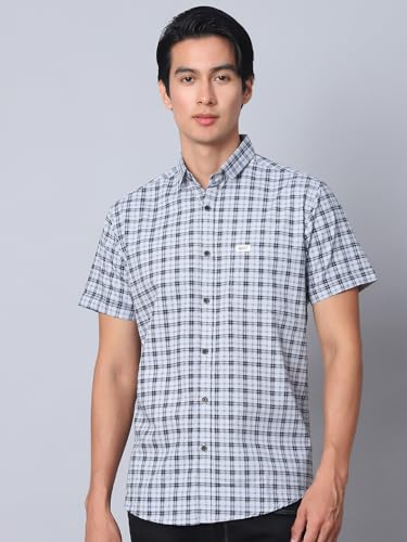 Image of Majestic Man Men Comfort Slim Fit Checked Pure Cotton Half Sleeve Casual Shirt