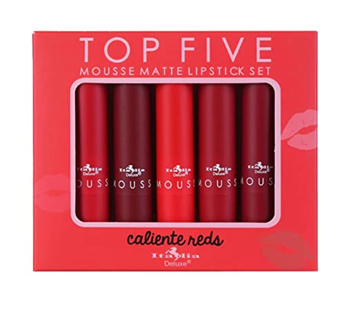 Dealplusdeal Italia Deluxe Top Five Lipstick - Mousse Matte 5 Lipsticks Set Velvety Smooth Long Lasting Color Lip Makeup Caliente Red #TOP4