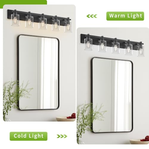 Image of 5-Light Bathroom Light Fixtures, Bubble Black Modern Vanity Lights with Clear Glass Shade, Wall Sconce Lighting for Mirror Kitchen Living Room Hallway Cabinet Porch