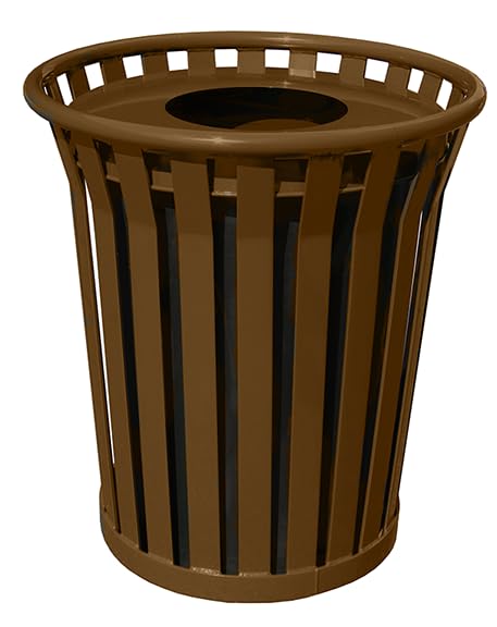 Sturdy Essentials Heavy-Duty 36 Gallon Metal Slatted Weather Resistant Outdoor Trash Receptacle for Parks, Schools, Apartments, City Streets - Brown - Flat Top