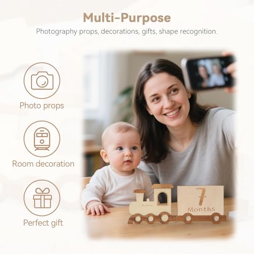 Holz Meilensteinkarten Baby -14 Premium Meilensteine Holzbretter Zugform Geschenk zur Geburt und Babyparty für Schwangere Werdende Mütter Werdende Eltern