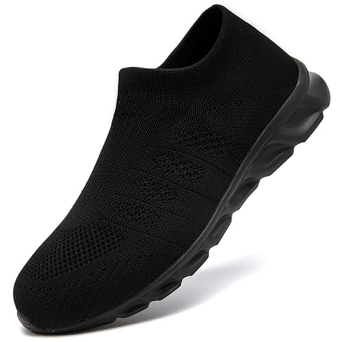 YOSFDC Mens Slip on Shoes Walking Fashion Sneakers Casual Black Tennis Running Elastic Lightweight Comfortable Athletic Gym Driving Shoes,Black Size 10