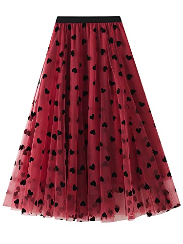 YILEEGOO Women's Tulle Skirt High Waist Tiered Layered Mesh Ballet Prom Party Tulle Tutu A-line Midi Skirt, Red Heart, One size