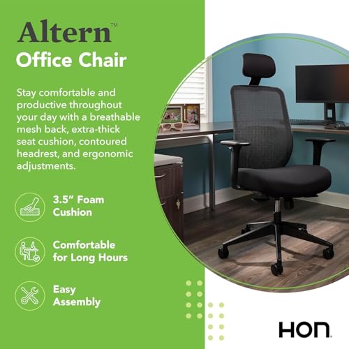 Image of HON Altern Ergonomic Office Chair with Headrest, Mid‑Back Mesh Desk Chair, Adjustable Arms, Seat Slide, Synchro‑Tilt, Rolling Computer Seat for Home Office, Black Frame, Black