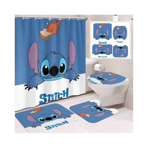 TOCKFIT Cute Sitch Shower Curtain Set 4 Piece with Non-Slip Rugs, Toilet Lid Cover and Bath Mat Cartoon Bathroom Decor 72 x 72inch (Stitch 001)
