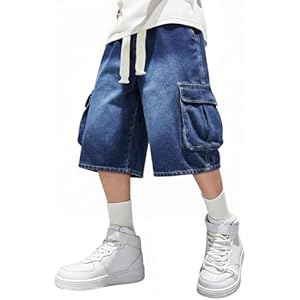 GINGTTO Mens Baggy Jean Shorts Cargo Long Denim Shorts Elastic Waist 15 Inch Inseam Washed Dark Blue 34