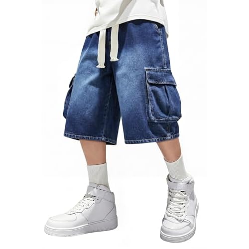 GINGTTO Mens Baggy Jean Shorts Cargo Long Denim Shorts Elastic Waist 15 Inch Inseam Washed Dark Blue 36