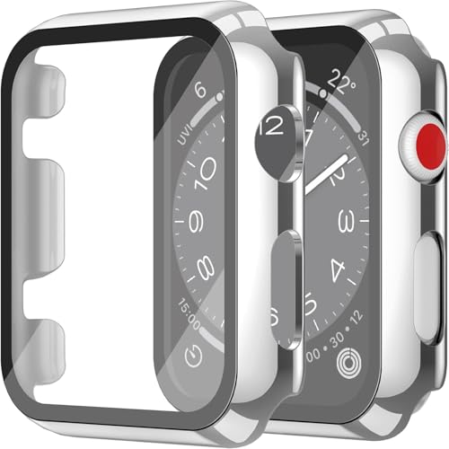 Misxi [2 Piezas] Funda con Cristal Templado Protector de Pantalla para Apple Watch Series 3 Series 2 42mm, HD PC Anti-Choque Ultradelgado Carcasa para iWatch, 1 Plata + 1 Transparente