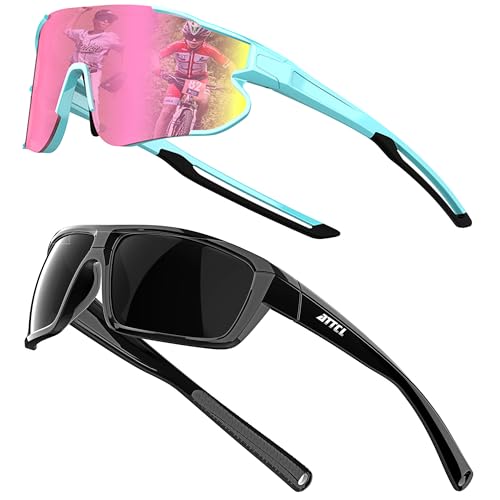 ATTCL Bundle Polarized Wrap Sunglasses For Men Cycling Driving Fishing - Sports Glasses Ultralight:(XQ548-Blue-Pink)+(1124-Back-All)