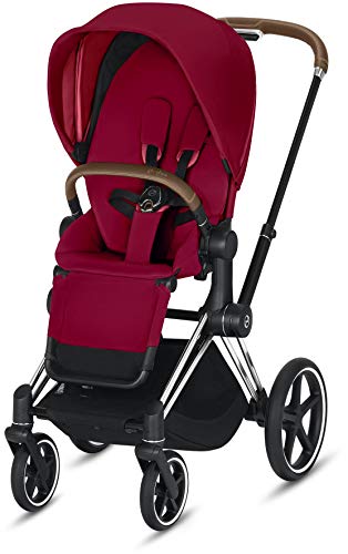 Cybex Priam 3 Complete Stroller, One-Hand Compact Fold, Reversible Seat, Smooth Ride All-Wheel Suspension, Extra Storage, Adjustable Leg Rest, in True Red Seat with Chrome/Brown Frame