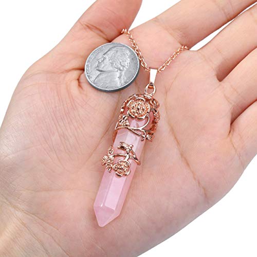 Jovivi Bundle - 2 Items Rose Gold Plated Rose Flower Wrapped Natural Rose Quartz Crystal Necklace + 8Mm Rose Quartz Natural Gemstone Tree Of Life Lucky Charm Stretch Bracelet #TOP3
