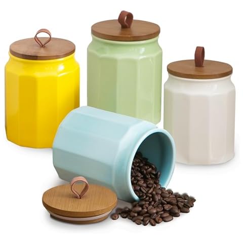 Kendiis Canister Sets for Kitchen, Set of 4 Ceramic Kitchen Canisters for Countertop with Airtight Wood Lids, Large Flour and Sugar Containers for Coffee, Tea, Spice Cover