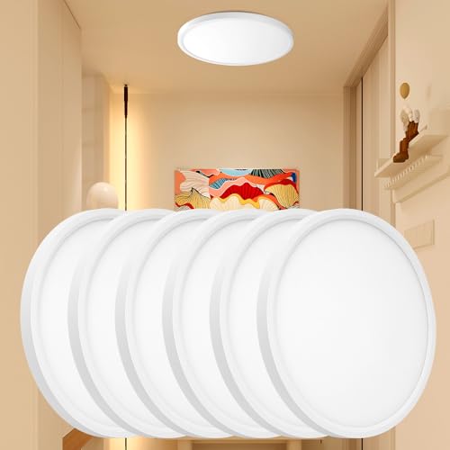 6PK 12 Inch LED Flush Mount Ceiling Light - Dimmable 0.67in Thickness Round, 24W 5CCT in One 2700K/3000K/4000K/5000K/6000K Surface Mount LED Light Fixture for Laundry, Closet, 12 Inch 6Pack White