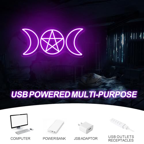 Image of Pentagram Triple Moon Neon Sign Gothic Hanging LED Light Wiccan Gift | USB Powered Dimmable Triple Goddess Wall Sign Decor Wiccan Neopagan Witch Decoration 16.5 inchx7.9 inch