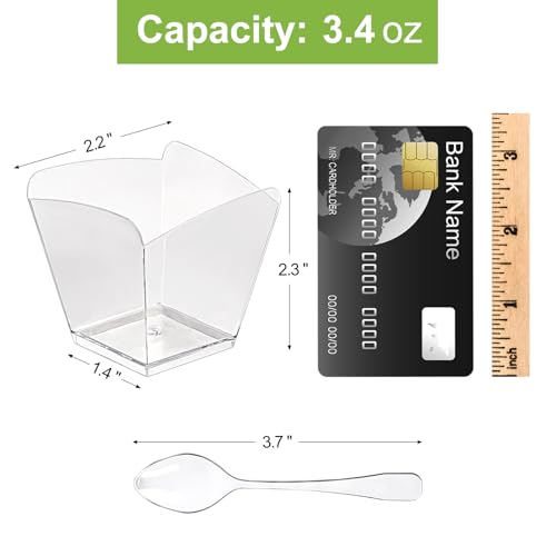 Qeirudu 3.4 Oz Mini Dessert Cups with Spoons, 50 Pack Clear Plastic Square Parfait Cups Party Shooter Cups for Desserts, Appetizers, Ice Creams, Jello, Puddings, Mousses